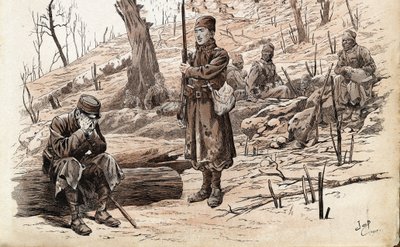 First World War 1914-1918: Infantryman soldier and Senegalese Tirailleurs of the French army. Illustration of Job (Jacques Marie Gaston Onfray de Bréville) for the book 