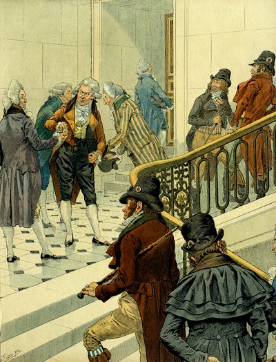 First empire of Napoleon I Bonaparte: meeting in the staircase of the Tuileries between returning emigres and the former revolutionaries. Illustration by Jacques Marie Gaston Onfray de Breville dit JOB. Private Collection by pseudonym for Onfray de Breville Jacques Job
