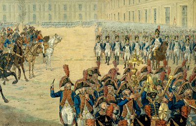 First review of the consular guard in the courtyard of the Tuileries by Napoleon I Bonaparte (1769-1821) by pseudonym for Onfray de Breville Jacques Job