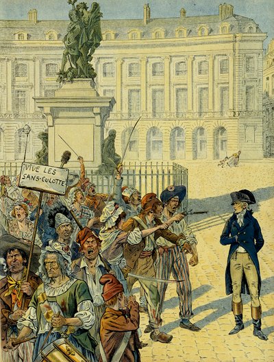 French Revolution 1789: Napoleon I Bonaparte threatened by the crowd on 10 August 1792 near the Statue of Louis XIV before it was overthrown, Place des Victoires in Paris. Illustration by pseudonym for Onfray de Breville Jacques Job