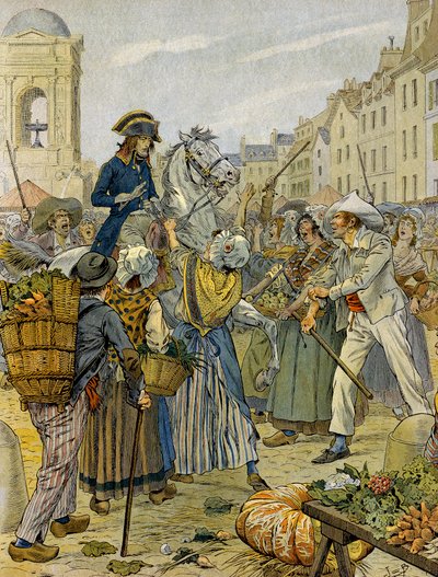 French Revolution 1789: Napoleon I Bonaparte took sides by the revolutionary populace in Les Halles. Illustration by Jacques Marie Gaston Onfray de Breville dit JOB. Private Collection by pseudonym for Onfray de Breville Jacques Job