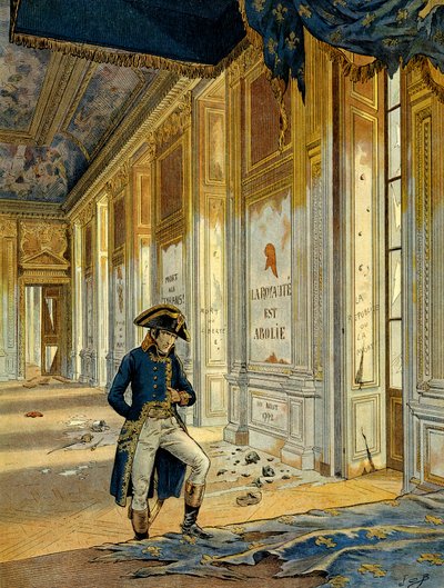 French Revolution of 1789: Napoleon I Bonaparte in the Throne Hall at the Tuileries Palace after the passage of the revolutionaries. The wall reads: 