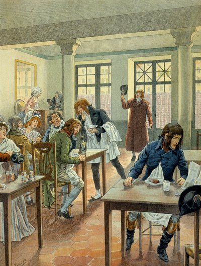 French Revolution of 1789: Napoleon I Bonaparte (1769-1821) young at the gargotier Justat, from the rue des petits peres (Petits-Peres) in Paris, reduced to a single dish which he paid for 6 under the portion. Illustration by Jacques Marie Gaston Onfray de by pseudonym for Onfray de Breville Jacques Job