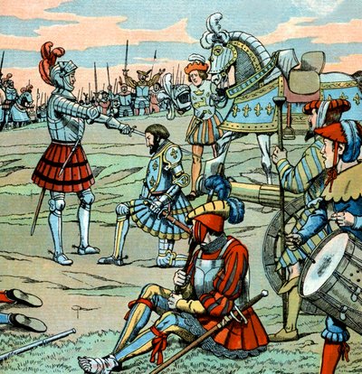 French king Francois 1st is dubbed knight by Bayard just after Marignan battle in September 14 by pseudonym for Onfray de Breville Jacques Job