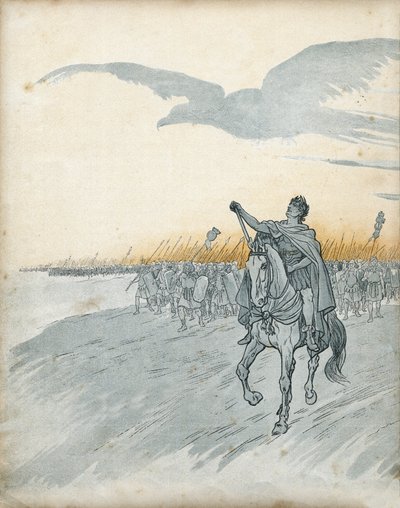 Gaul War: Gaius Julius Caesar and his army invade Gaul. The shadow of an eagle, symbol of the Roman Empire, appears in the sky. in 