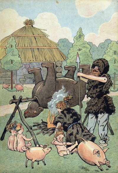 History of France. Scene of Barbarian Gaul with toys: a Gaul and a Gaul dressed in bear skin cook a bear to feed their family. in Joujoux à l