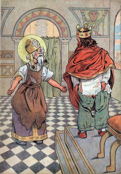 History of France. Scene of the life of King Dagobert with toys: Saint Eloi points out to the King of France Dagobert I that his trousers were put upside down - In 