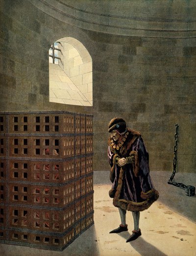 Cardinal Jean Balue prisoner in one of the famous cages of King of France Louis XI called the Prudent by pseudonym for Onfray de Breville Jacques Job
