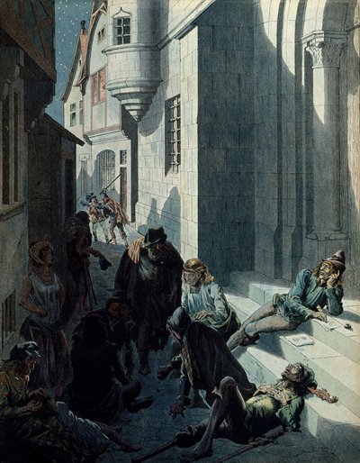 History of France in the Middle Ages: Francois de Montcorbier known as Francois Villon, poet, composing his works in the misery of the streets of Paris. Illustration by Jacques Marie Gaston Onfray de Breville dit JOB by pseudonym for Onfray de Breville Jacques Job