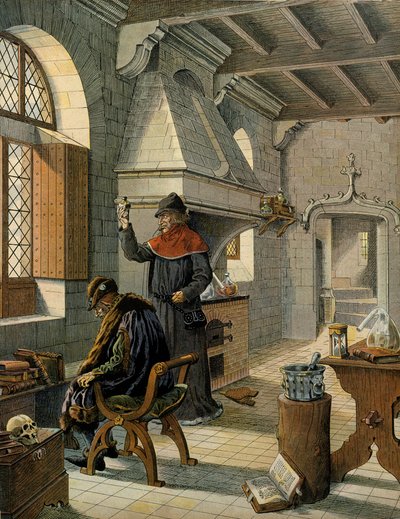History of France in the Middle Ages: Jacques Coictier, first doctor of King Louis XI preparing a remedy. Illustration by Jacques Marie Gaston Onfray de Breville dit JOB by pseudonym for Onfray de Breville Jacques Job