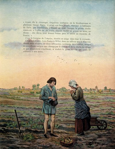 History of France in the Middle Ages: King Louis XI called the Prudent establishes the prayer of the angelus. Illustration by Jacques Marie Gaston Onfray de Breville dit JOB by pseudonym for Onfray de Breville Jacques Job
