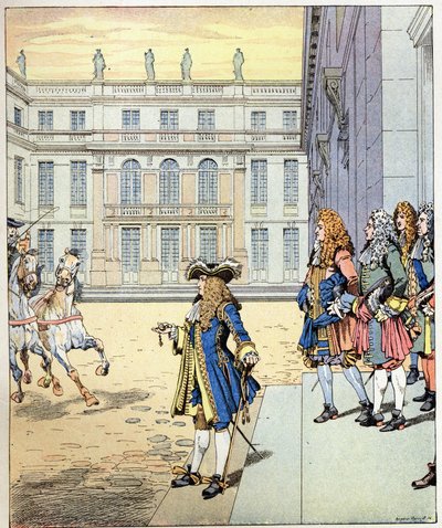 I almost waited! the words of the king of France Louis XIV said King Soleil (1638-1715) spoken in front of the castle of Versailles as his carriages arrived at the precise time. Illustration of Job (Jacques Onfray de Breville) by pseudonym for Onfray de Breville Jacques Job