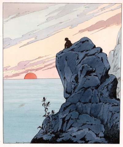 I come, like Themistocles, to sit at the home of the British people words of Napoleon I Bonaparte in a melancholic attitude in exile on a rock of St. Helene Island. Illustration of Job (Jacques Marie Gaston Onfray de Breville) by pseudonym for Onfray de Breville Jacques Job