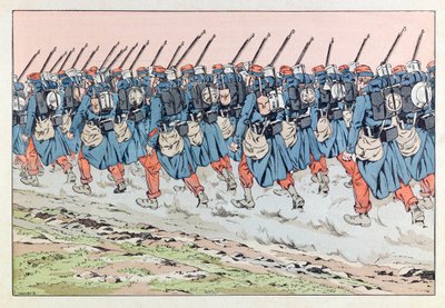 Illustration from the book "Les epees de France": Les poilus de 14 en route pour le front by pseudonym for Onfray de Breville Jacques Job