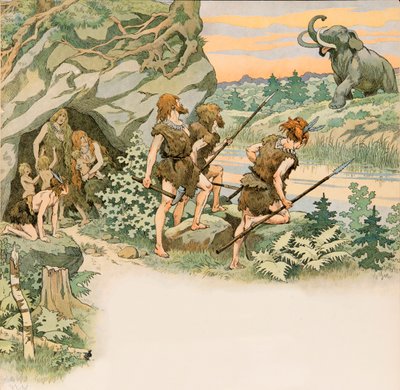 During prehistory, cave men protect their families from a mammoth attack by pseudonym for Onfray de Breville Jacques Job