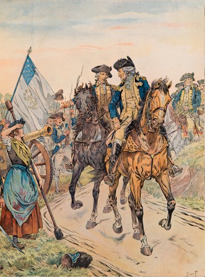 George Washington passed Molly Pitcher during the Battle of Monmouth on 28 June 1778 during the War of Independence by pseudonym for Onfray de Breville Jacques Job
