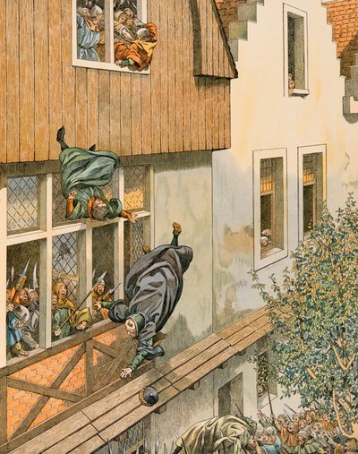 History of Belgium: The Defenestration of the Patrician Echevins of Leuven in 1419 by pseudonym for Onfray de Breville Jacques Job