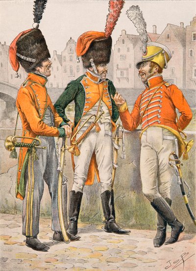 Outfit of the French troops at all times: Trumpets of the 14th, 23rd, 24th regiments of hunters on horseback before 1812 by pseudonym for Onfray de Breville Jacques Job