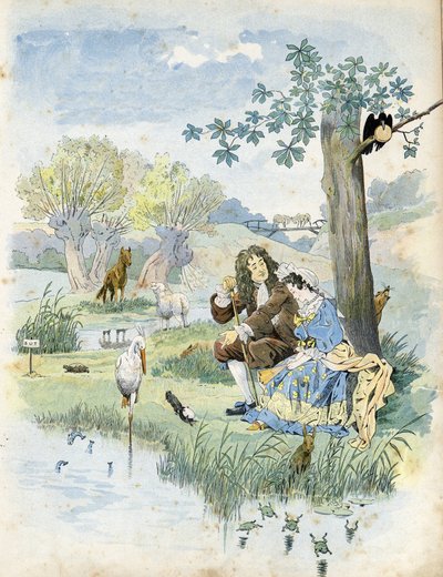Jean de La Fontaine (1621-1695) talking to a young girl. Around them, animals present in the fables of the poet: wolf, lamb, stork, turtle, rat, frog, hare, fox, raven... in 