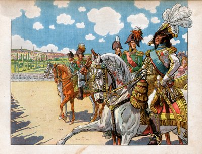 Joachim Murat accompanied Napoleon I Bonaparte and Alexander I, Emperor of Russia during the review of the troops during the Tilsit Treaty on 7 July 1807. Engraving by Jacques Marie Gaston Onfray de Breville dit Job by pseudonym for Onfray de Breville Jacques Job