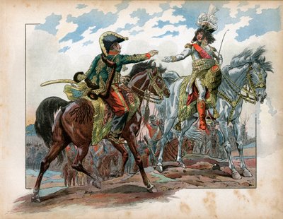 Joachim Murat (1767-1815) and General Antoine Charles Louis de La Salle (Lasalle) (1775-1809) during the Battle of Heilsberg in 1807. Engraving by Jacques Marie Gaston Onfray de Breville dit Job by pseudonym for Onfray de Breville Jacques Job