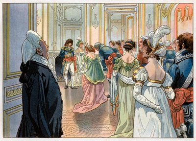 Joachim Murat then governor of Paris and his wife Caroline Bonaparte received the guests at a party in his hotel place Vendome, Paris. Invites are announced by a servant and then they reverence in front of their guests. Engraving by Jacques Marie Gaston On by pseudonym for Onfray de Breville Jacques Job
