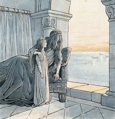 King Charlemagne observes the arrival of Viking drakkars on the Seine in the 9th century. in 