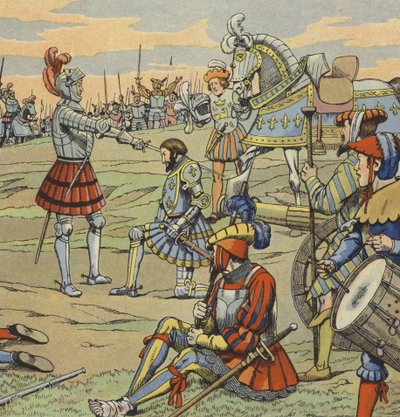 King Francis I of France receiving his knighthood from the Chevalier de Bayard after the Battle of Marignano by pseudonym for Onfray de Breville Jacques Job