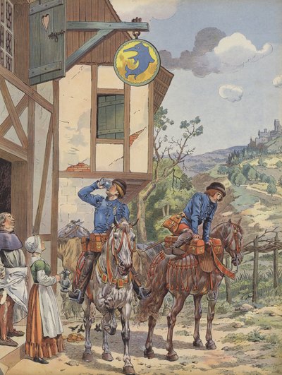 Messengers taking refreshment at a roadside inn by pseudonym for Onfray de Breville Jacques Job