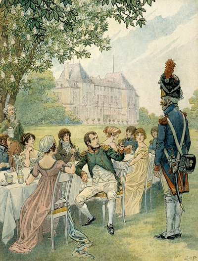 Napoleon I Bonaparte (1769-1821) during a lunch in the gardens of the castle of Malmaison by pseudonym for Onfray de Breville Jacques Job