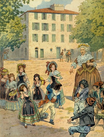 Napoleon I Bonaparte in Ajaccio was scolded by his housekeeper. This is the house where Bonaparte was born on 15 August 1769. Illustration by Jacques Marie Gaston Onfray de Breville dit JOB by pseudonym for Onfray de Breville Jacques Job