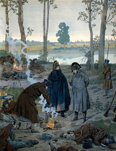 Napoleon I Bonaparte (1769-1821) in the bivouacs on the eve of the Battle of Waterloo in 1815 - Illustration by Jacques Marie Gaston Onfray de Breville (1858-1931) in 