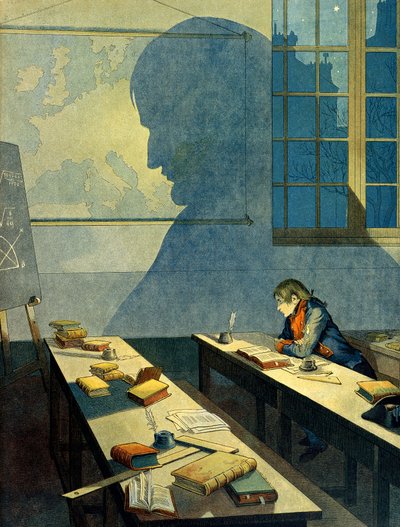 Napoleon I Bonaparte studying at the Royal Military School of Brienne. Its shadow falls on the geographic map of Europe. Illustration by Jacques Marie Gaston Onfray de Breville dit JOB by pseudonym for Onfray de Breville Jacques Job