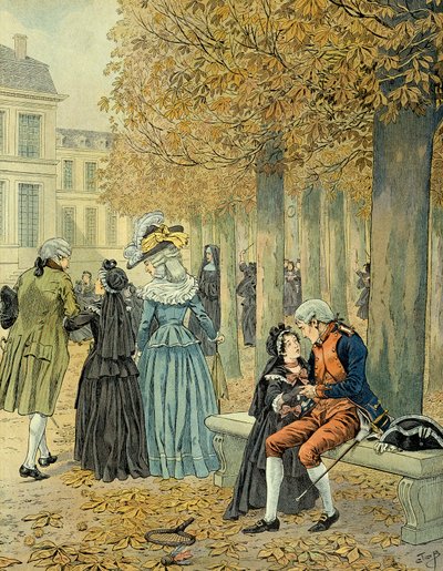 Napoleon I Bonaparte visited his sister Elisa Bonaparte at the royal house of Saint Cyr. Illustration by Jacques Marie Gaston Onfray de Breville dit JOB by pseudonym for Onfray de Breville Jacques Job