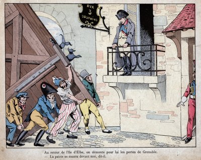 Napoleon rallying his soldiers to Grenoble on his return from Elba Island - The city of Grenoble opens its gates to Napoleon on his return from exile on Elba, 7 March 1815 (lithograph by Job from Le Grand Napoleon des Petites Enfants) by pseudonym for Onfray de Breville Jacques Job