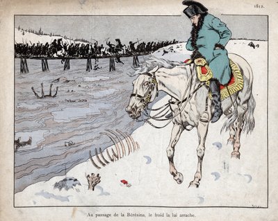Napoleon watching the remains of his Grand Army crossing the River Berezina on the retreat from Moscow by pseudonym for Onfray de Breville Jacques Job