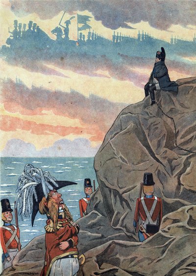 Scene of the history of France in toys: Napoleon I Bonaparte in exile on the island of Sainte Helene presented in an attitude of melancholy and loneliness - In 