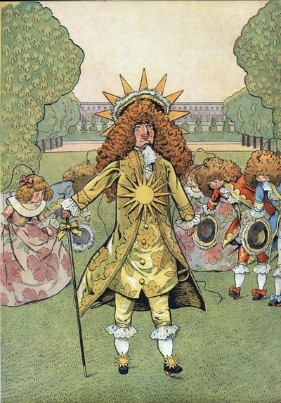 Scene of the History of France in Toys: Portrait of the King of France Louis XIV in the Gardens of Versailles with His Court Pulling Reverence by pseudonym for Onfray de Breville Jacques Job