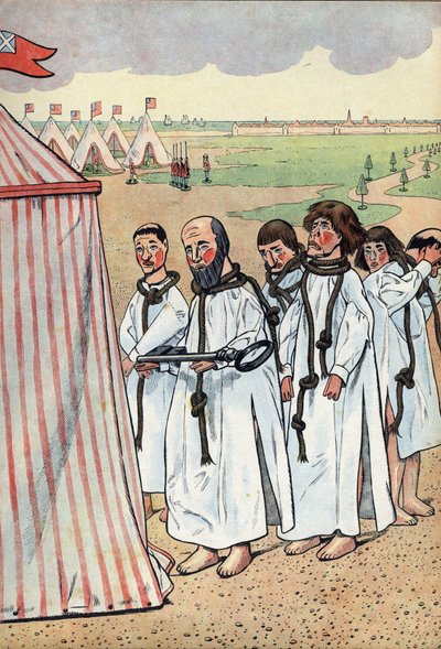 Scene of the history of France in toys: The bourgeois of Calais. The siege of Calais in 1347 and the devotion of Eustache of Saint Peter, the best known of the six bourgeois of Calais, who went to the king of England Edward III, to plead for the grace of by pseudonym for Onfray de Breville Jacques Job