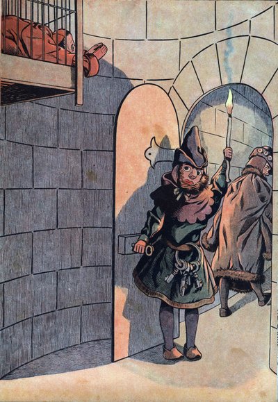 Scene of the history of France in toys: plotting against King Louis XI with Charles Le Temeraire, Jean Balue was locked for 11 years in one of King Louis XI