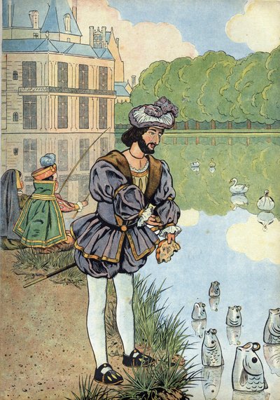 Scene of the history of France in toys: the King of France Francois I gives bread to the fish of the park of Fontainebleau - In 