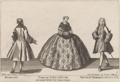 Redingote/Lady in Winter Outfit with Muff/Coat and Gold Fabric Trimming by published by Jacques Chéreau