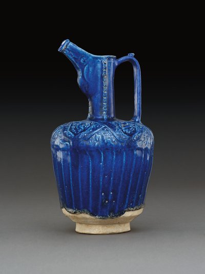 Nishapur moulded monochrome cobalt-blue glazed pottery ewer, Eastern Iran by School Iranian