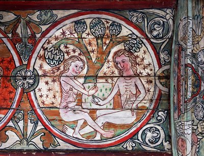 Adam and Eve in Garden of Eden, decoration from Al Stavkirke by school Scandinavian