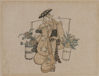 A Beauty Carrying Two Buckets of Flowers by style of Torii Kiyomasu