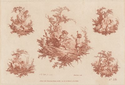 Singerie with Four Vignettes of Dogs Hunting by the Elder and Jean Baptiste Hüet Gilles Demarteau