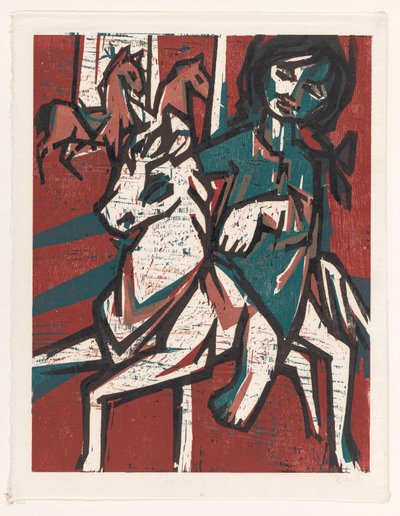 Woman on Horseback in Front of Two Other Horses by unknown (signed by artist)