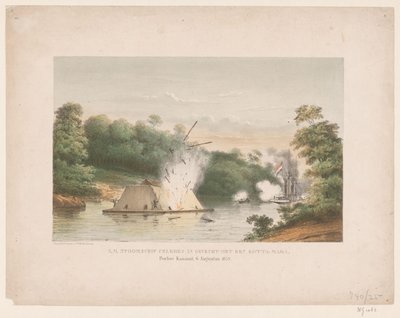 H.M. Steamship Celebes in Battle with a Kotta-mara. Poeloe Kanamit, August 6, 1859 by weduwe Elias Spanier and Zn