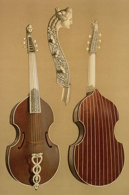 Viola da Gamba or bass viol by Joachim Tielke 1641 1719 Hamburg 1701 from Musical Instruments coloured litho