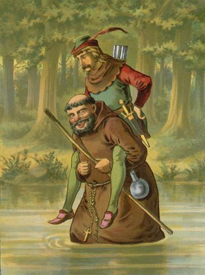 Friar Tuck carries Robin Hood over the water